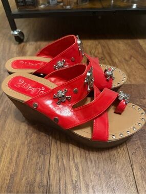 2 Lips Too Red Skull-Stud Wedge Sandals